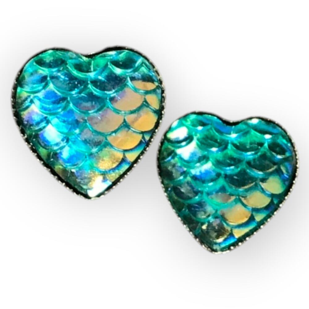 Mermaid scales ocean blue heart earrings, post backs